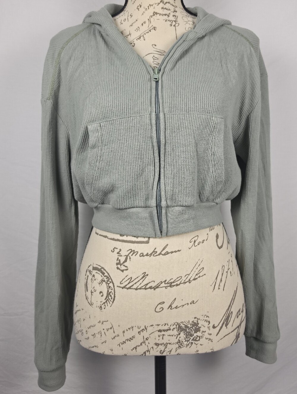 SKIMS Waffle Knit Cropped Zip Hoodie Sage Green Size Small